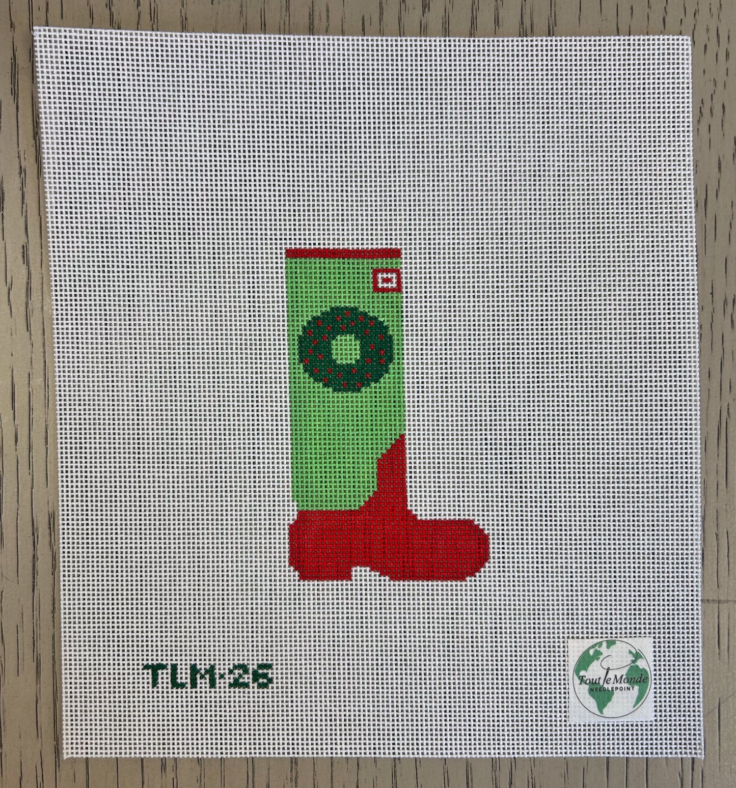 Holiday Wreath Wellie - Tout Le Monde Needlepoint - Needlepoint Canvas