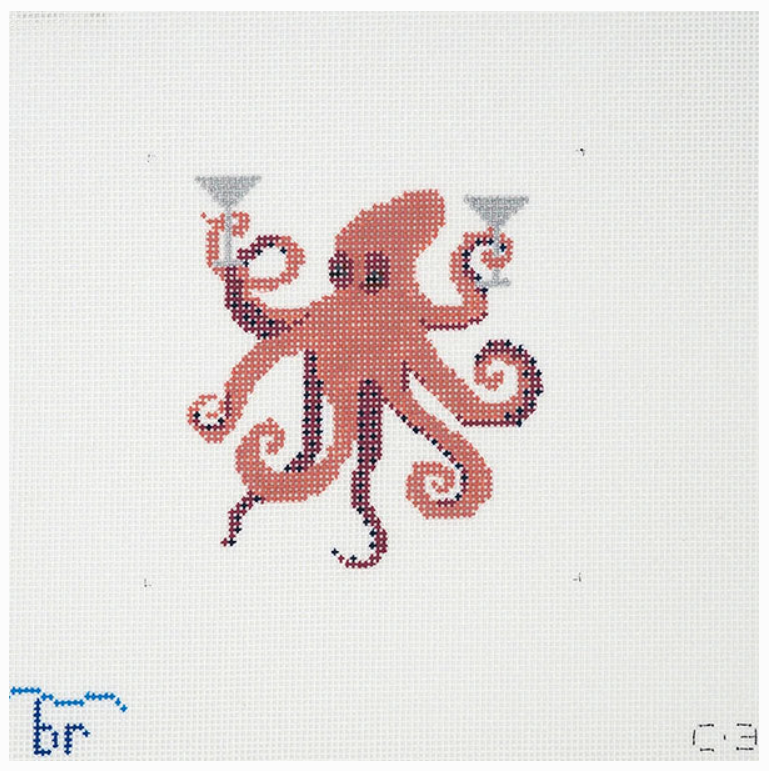 Octopus & Double Martini - Blue Ridge Stitchery - Needlepoint Canvas 18 mesh