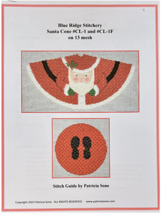 Cone - Santa Claus w/ Stitch Guide - Blue Ridge Stitchery - Needlepoint Canvas 13 mesh