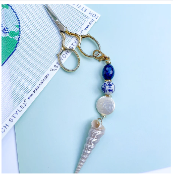 Mollybeads Scissor Fob - Blue & White with Spiral Shell