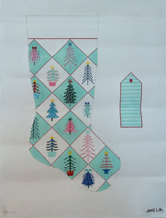 Candy Quilting Trees Stocking with Name Tag