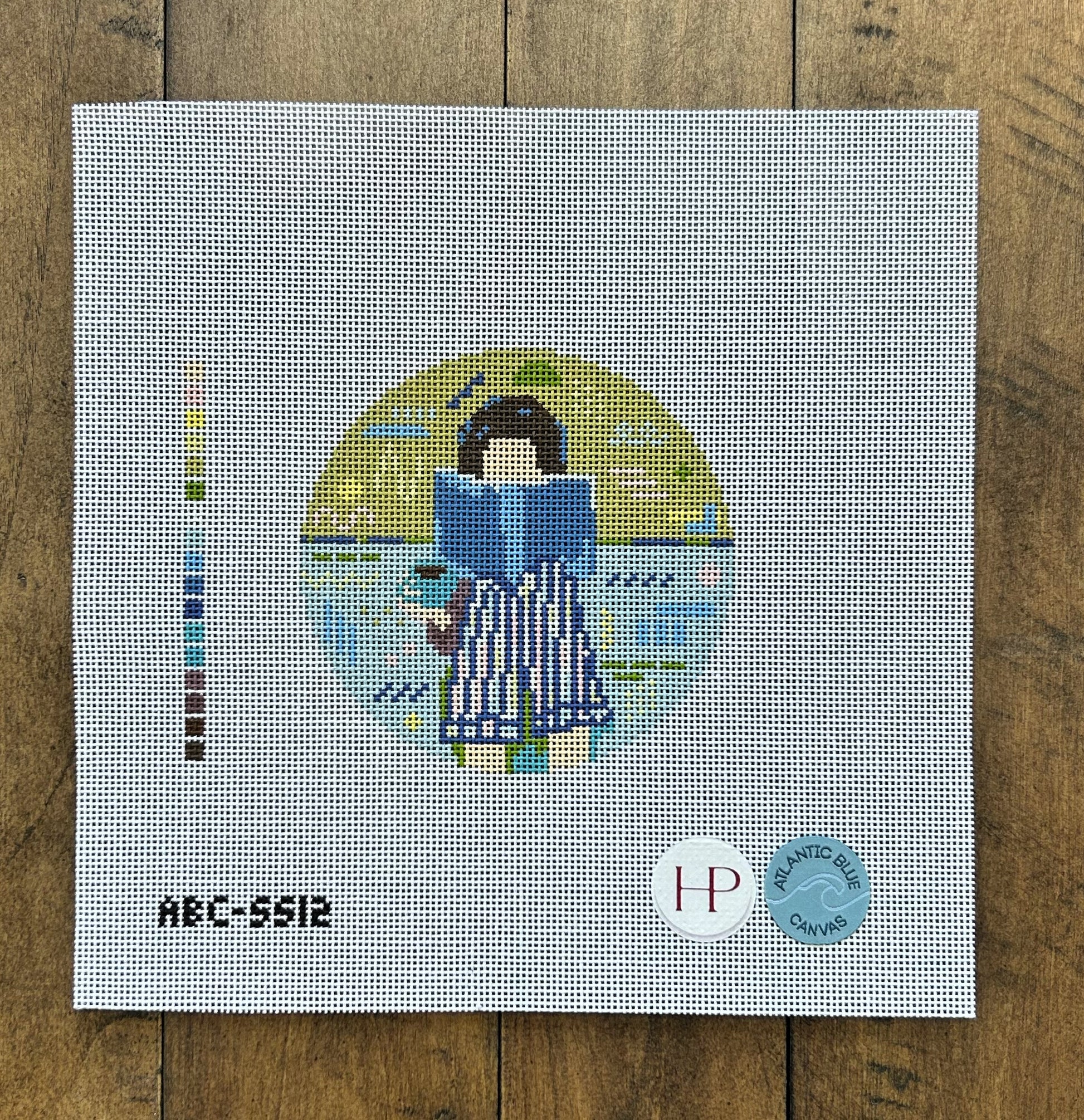 Reading Girl Round - Atlantic Blue Canvas - Needlepoint Canvas 18 mesh