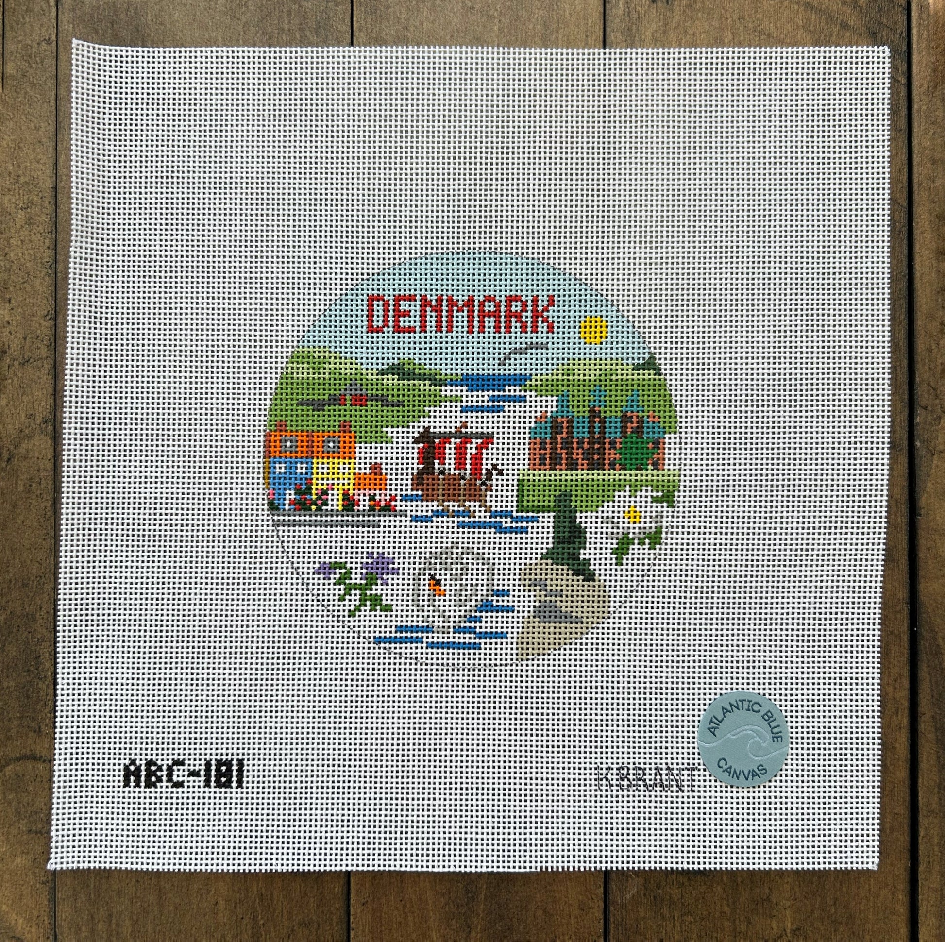 Denmark Travel Round - Atlantic Blue Canvas - Needlepoint Canvas 18 mesh