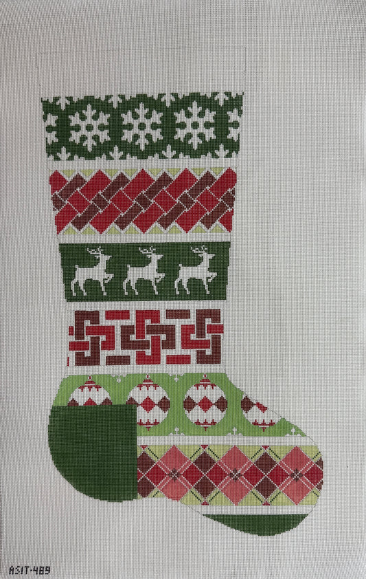 Large Red & Green Stocking - Horizontal Lines