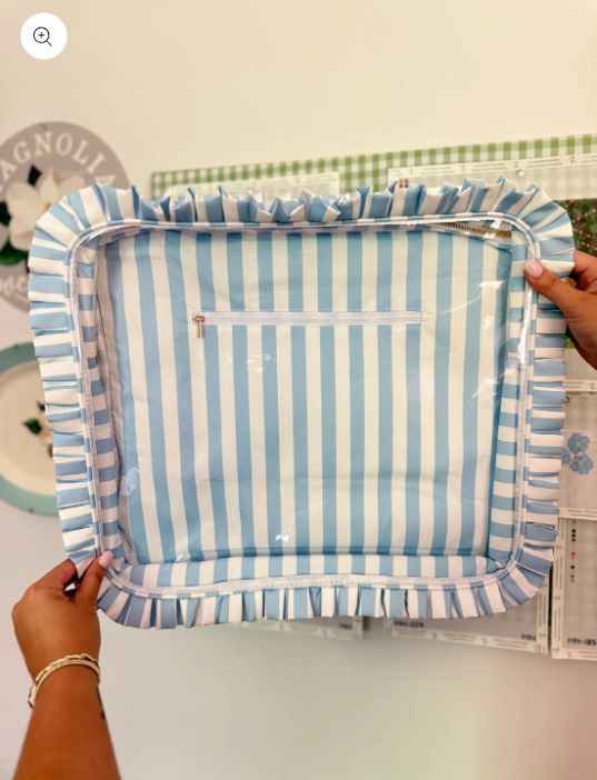 Light Blue Stripe Ruffle Carryall Project Bag Accessory