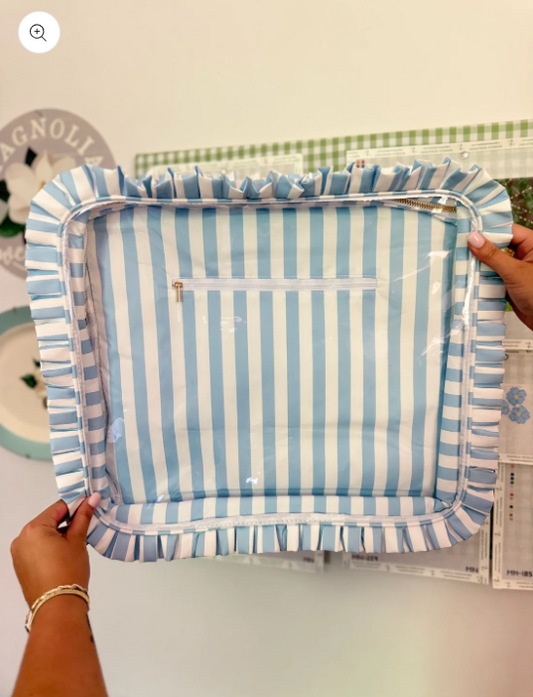 Light Blue Stripe Ruffle Carryall Project Bag Accessory