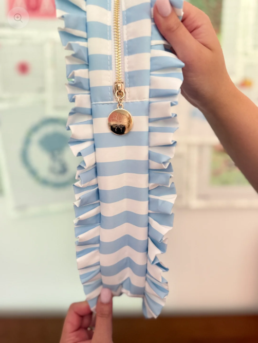 Light Blue Stripe Ruffle Carryall Project Bag Accessory