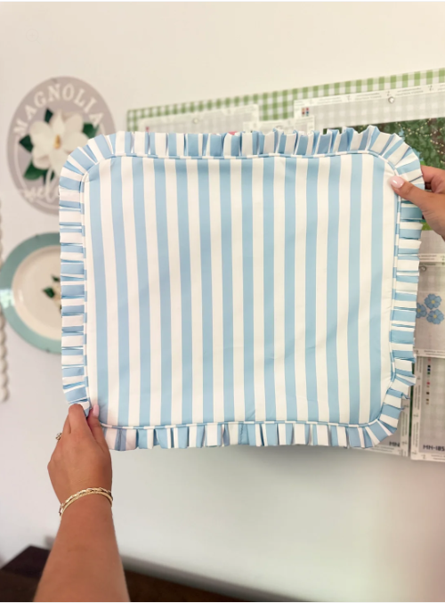Light Blue Stripe Ruffle Carryall Project Bag Accessory