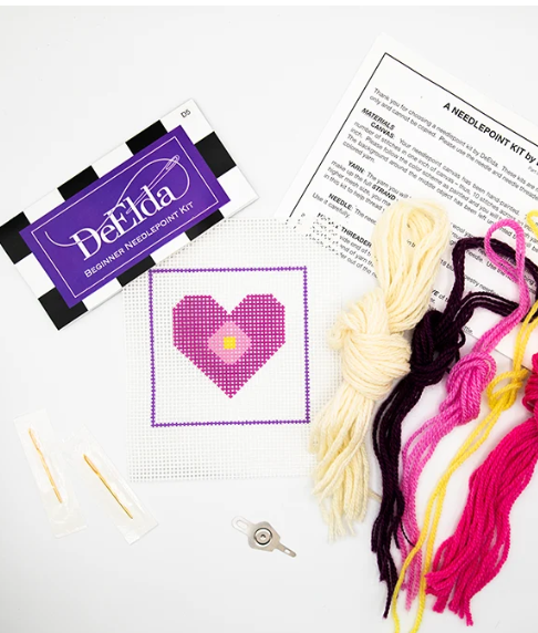 DeElda Pink Heart with Flower - Beginners Needlepoint Kit